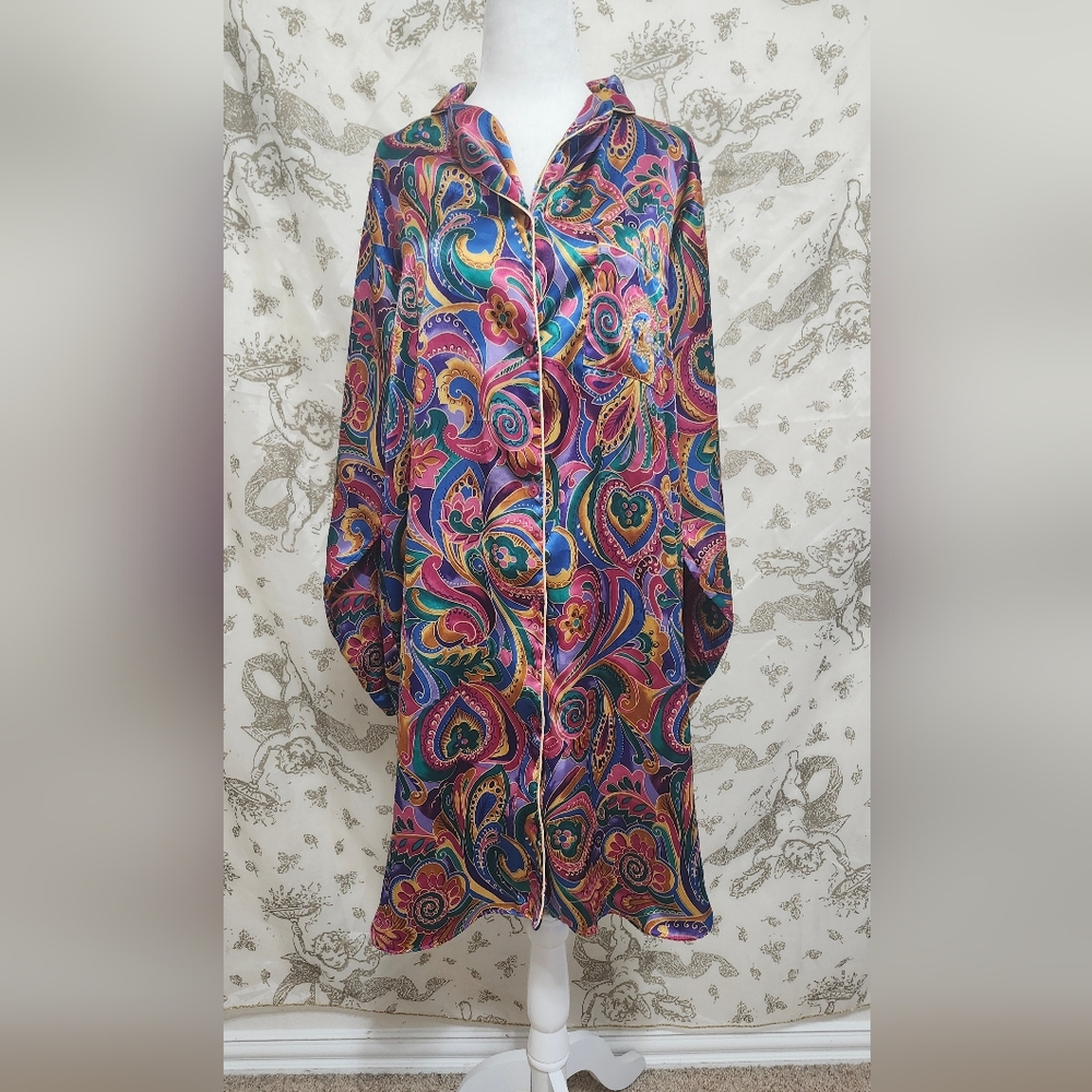 Aldofo kaleidoscope 80s 90s Paisley silky button down night shirt S/m